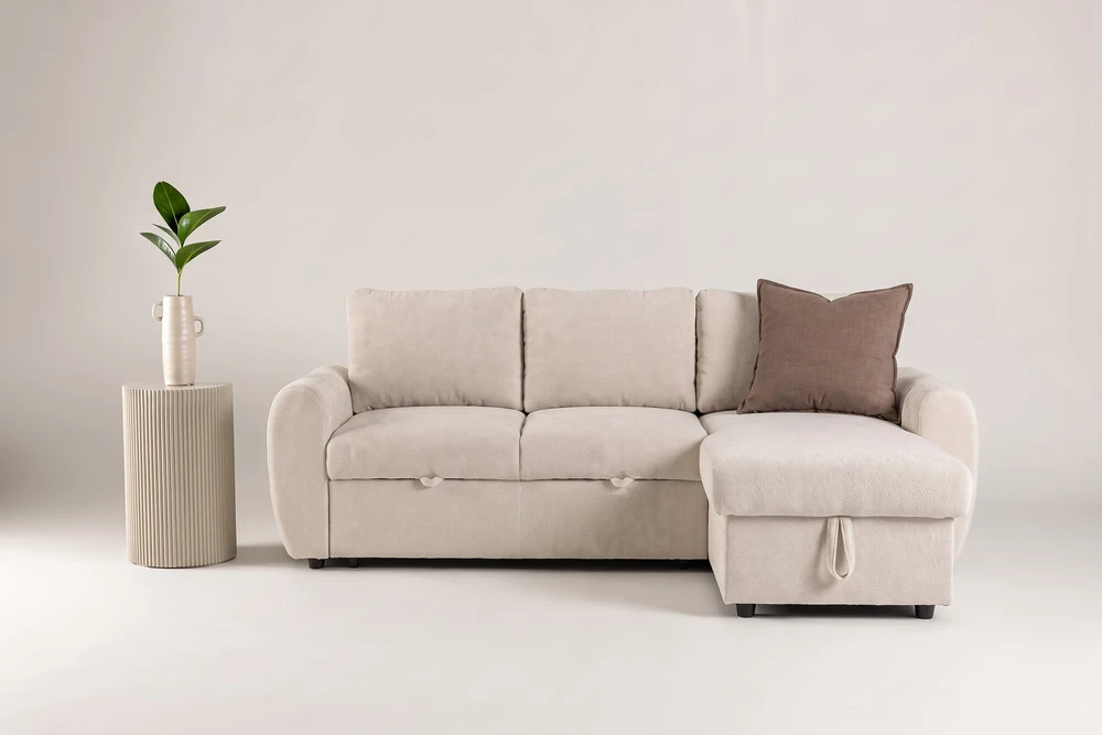 Venture Design sofa-lova Teo, kairiąja gulimąja dalimi, smėlio spalvos