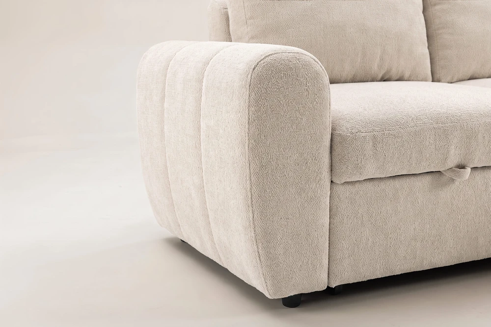 Venture Design sofa-lova Teo, kairiąja gulimąja dalimi, smėlio spalvos