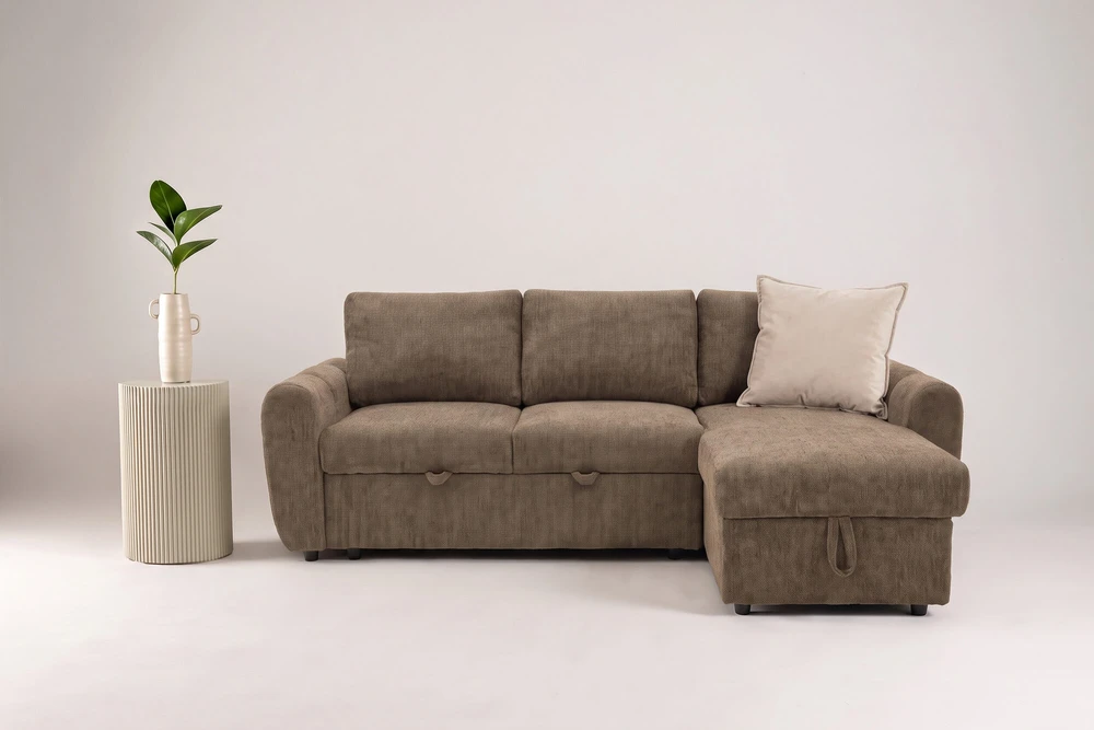 Venture Design sofa-lova Teo, kairiąja gulimąja dalimi, ruda