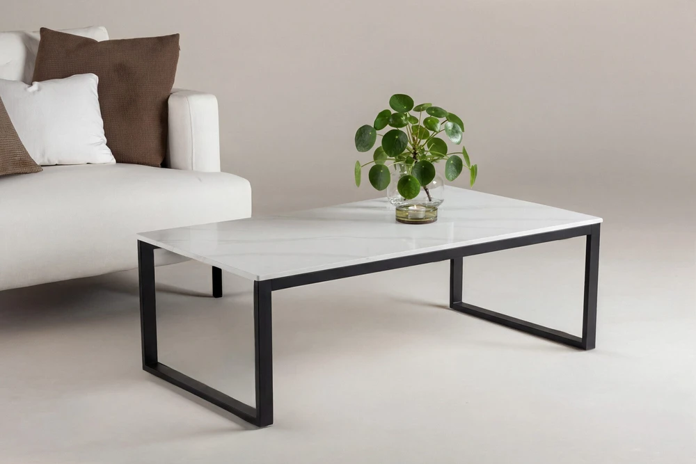 Venture Design Sofa staliukas Estelle 120x60x36 cm, juodas su balto marmuro imitacija