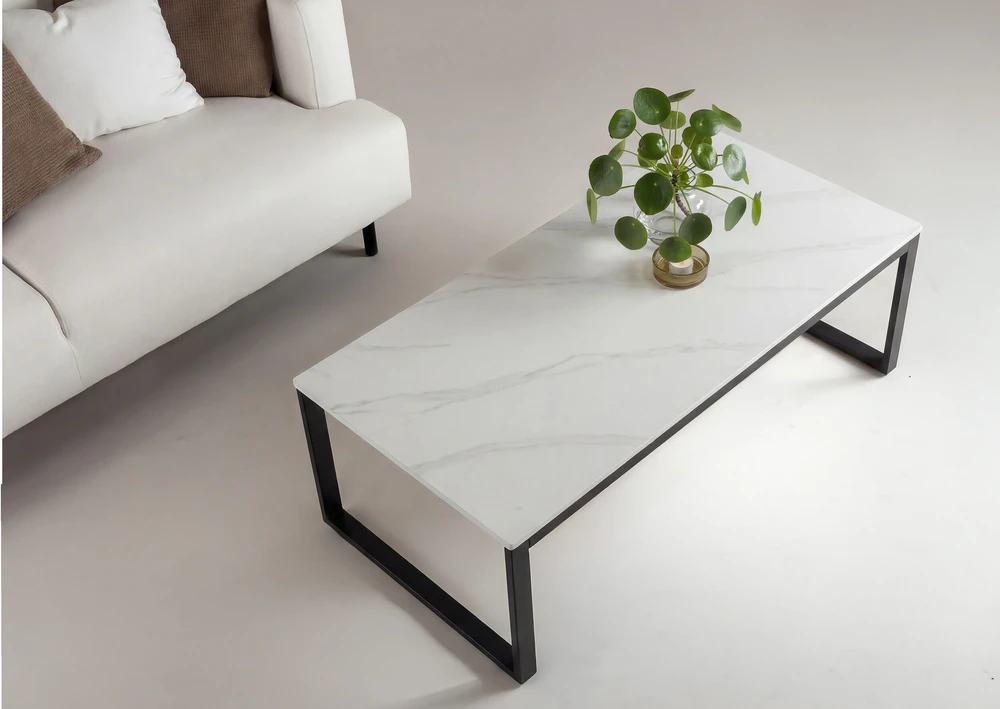 Venture Design Sofa staliukas Estelle 120x60x36 cm, juodas su balto marmuro imitacija