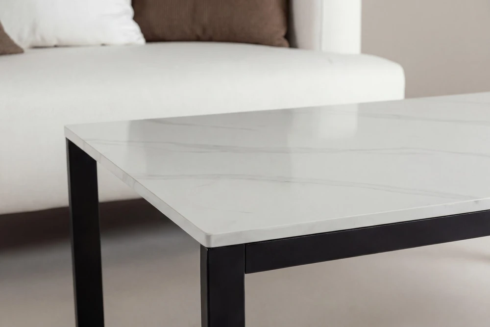 Venture Design Sofa staliukas Estelle 120x60x36 cm, juodas su balto marmuro imitacija