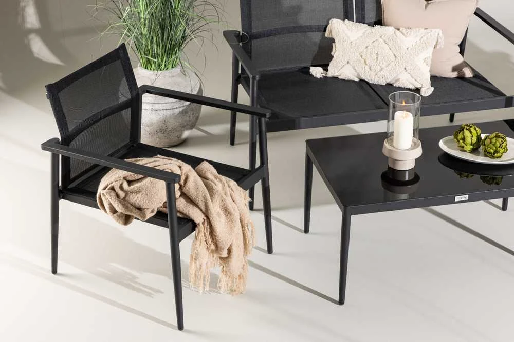 Venture Design Sofos komplektas, kėdė: 81x65 cm, sofa: 81x105 cm, stalas: 43x90 cm, juodas