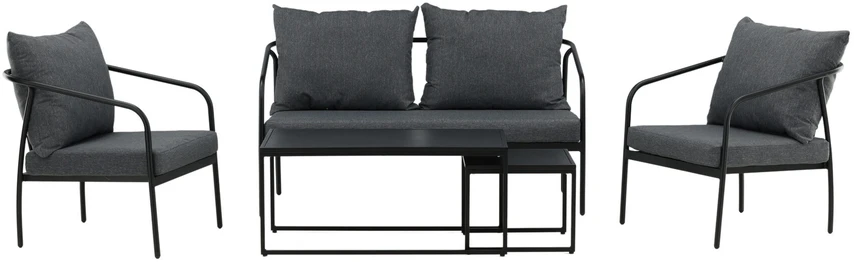 Venture Design Sofos komplektas, Sopotas, Stalas 1: 45x100x55 cm, Stalas 2: 37x45x45 cm, Kėdė: 74x72 cm, Sofė: 74x146 cm, Juoda