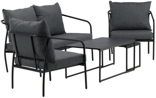 Venture Design Sofos komplektas, Sopotas, Stalas 1: 45x100x55 cm, Stalas 2: 37x45x45 cm, Kėdė: 74x72 cm, Sofė: 74x146 cm, Juoda