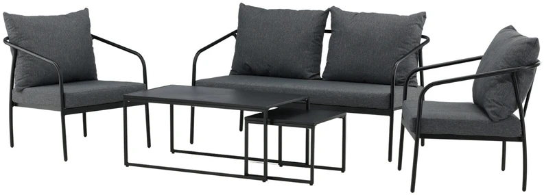 Venture Design Sofos komplektas, Sopotas, Stalas 1: 45x100x55 cm, Stalas 2: 37x45x45 cm, Kėdė: 74x72 cm, Sofė: 74x146 cm, Juoda