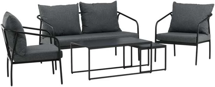 Venture Design Sofos komplektas, Sopotas, Stalas 1: 45x100x55 cm, Stalas 2: 37x45x45 cm, Kėdė: 74x72 cm, Sofė: 74x146 cm, Juoda