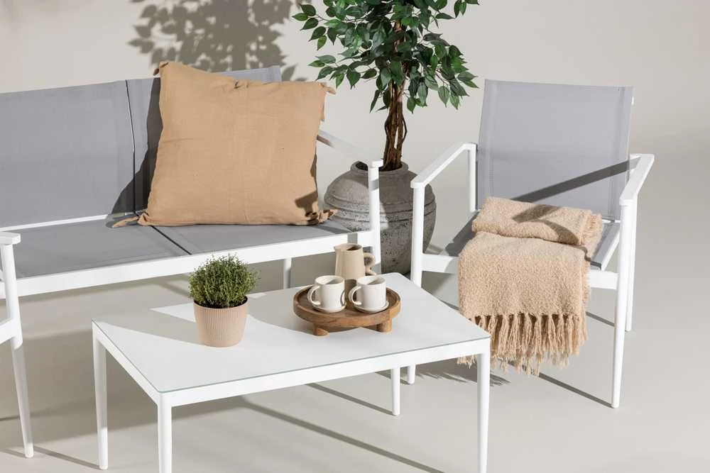 Venture Design Sofos komplektas, stalas: 45x90x60 cm Kėdė: 63x81x59 cm Sofa: 63x81x135 cm, Balta/Pilka