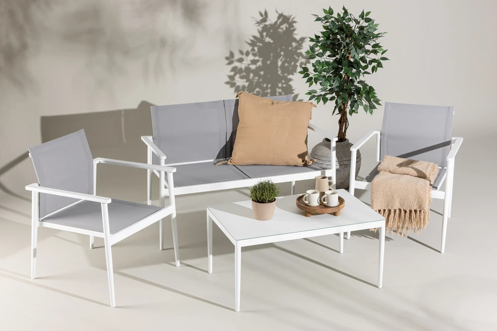 Venture Design Sofos komplektas, stalas: 45x90x60 cm Kėdė: 63x81x59 cm Sofa: 63x81x135 cm, Balta/Pilka