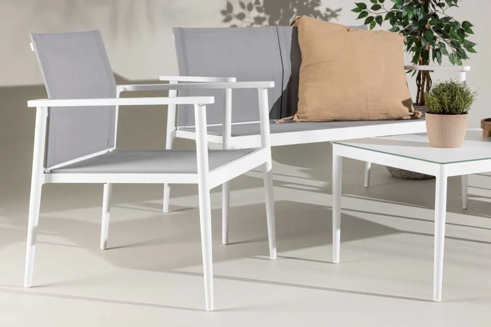 Venture Design Sofos komplektas, stalas: 45x90x60 cm Kėdė: 63x81x59 cm Sofa: 63x81x135 cm, Balta/Pilka