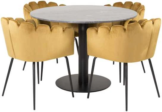 Venture Design Stalas, Estelle, ø106 cm, Juoda; Kėdė, Limhamn, 54x76 cm, Aukso spalvos