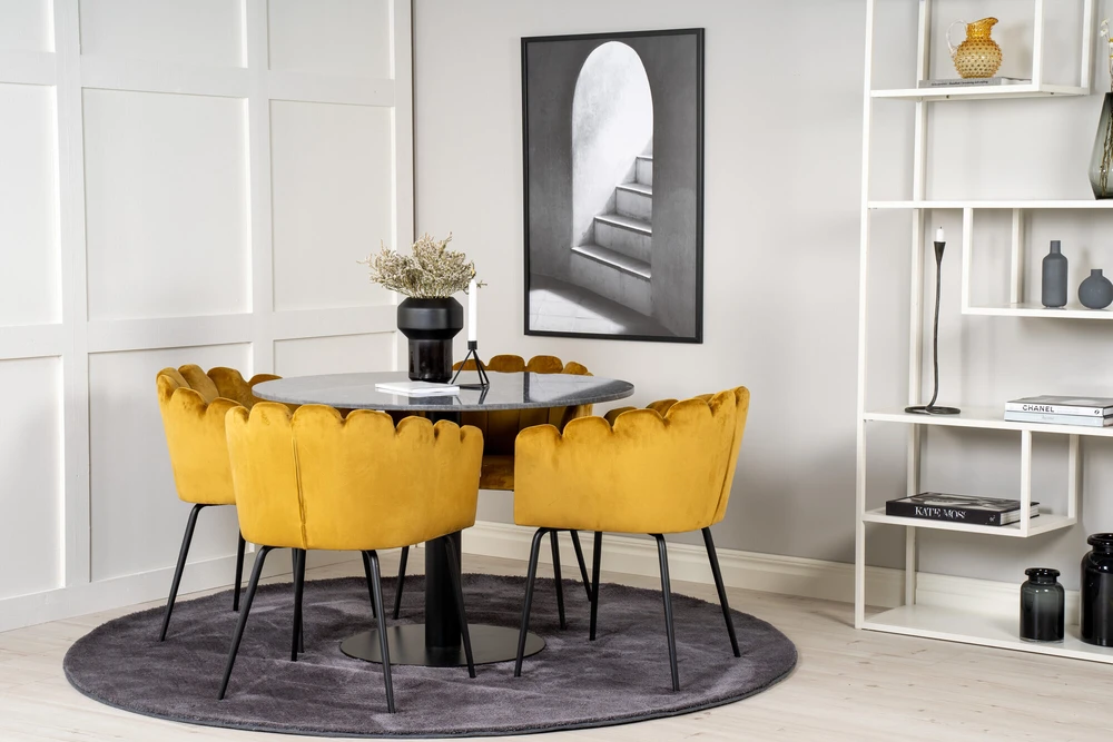 Venture Design Stalas, Estelle, ø106 cm, Juoda; Kėdė, Limhamn, 54x76 cm, Aukso spalvos