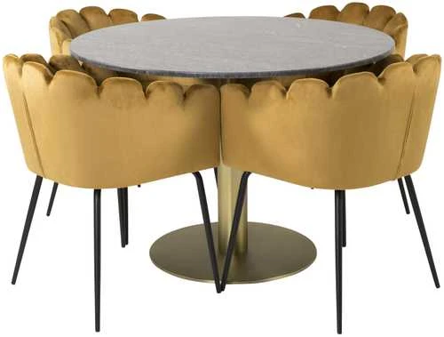 Venture Design Stalas, Estelle, ø106*A75 cm, Juoda; Kėdė, Limhamn, 54x76 cm, Aukso spalvos