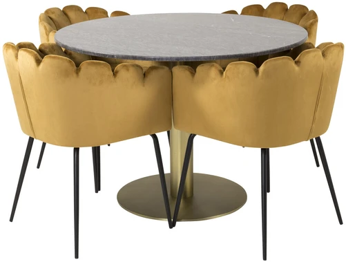 Venture Design Stalas, Estelle, ø106*A75 cm, Juoda; Kėdė, Limhamn, 54x76 cm, Aukso spalvos