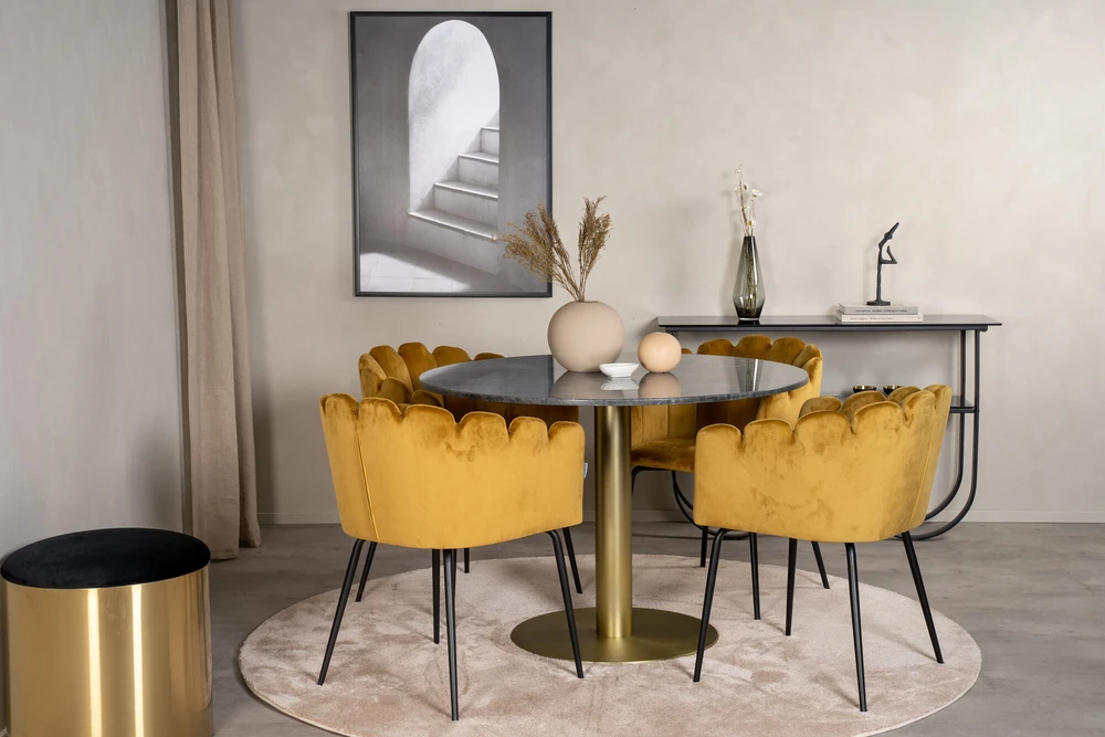 Venture Design Stalas, Estelle, ø106*A75 cm, Juoda; Kėdė, Limhamn, 54x76 cm, Aukso spalvos
