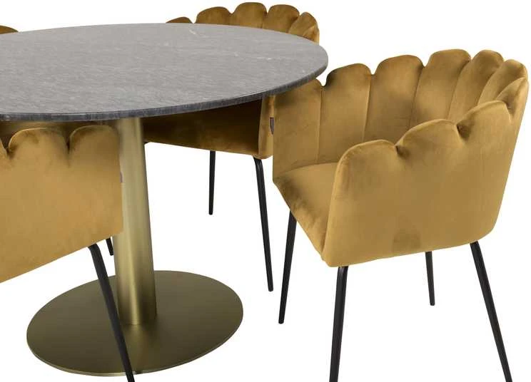 Venture Design Stalas, Estelle, ø106*A75 cm, Juoda; Kėdė, Limhamn, 54x76 cm, Aukso spalvos