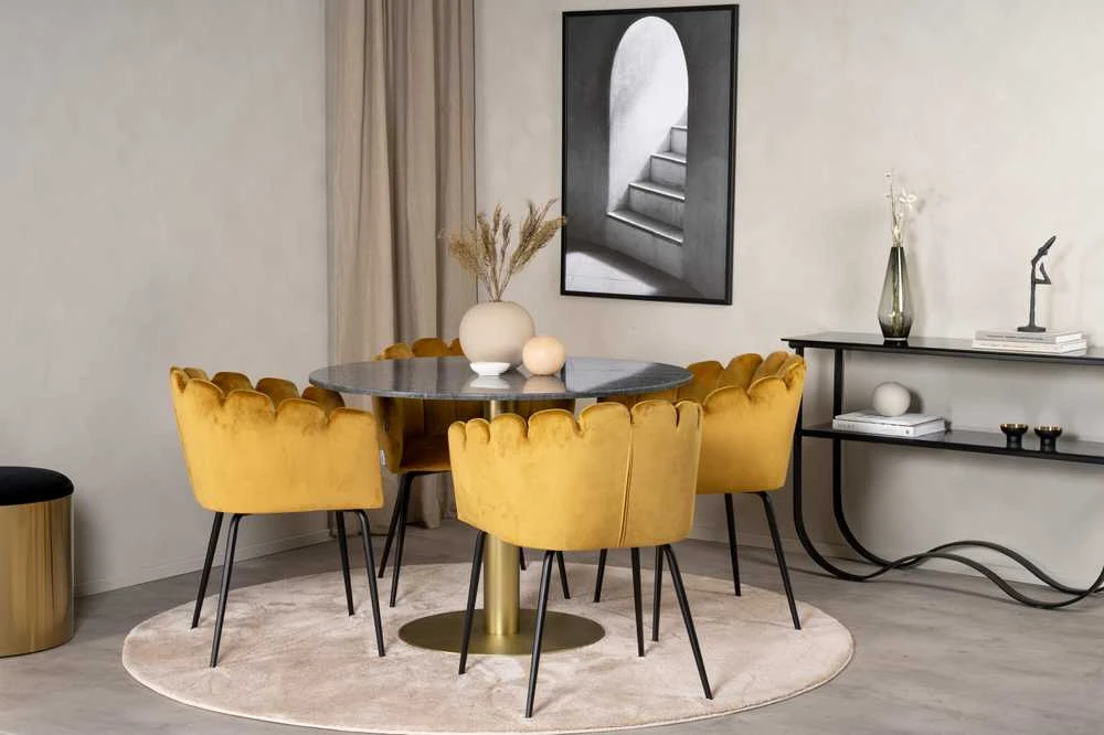 Venture Design Stalas, Estelle, ø106*A75 cm, Juoda; Kėdė, Limhamn, 54x76 cm, Aukso spalvos