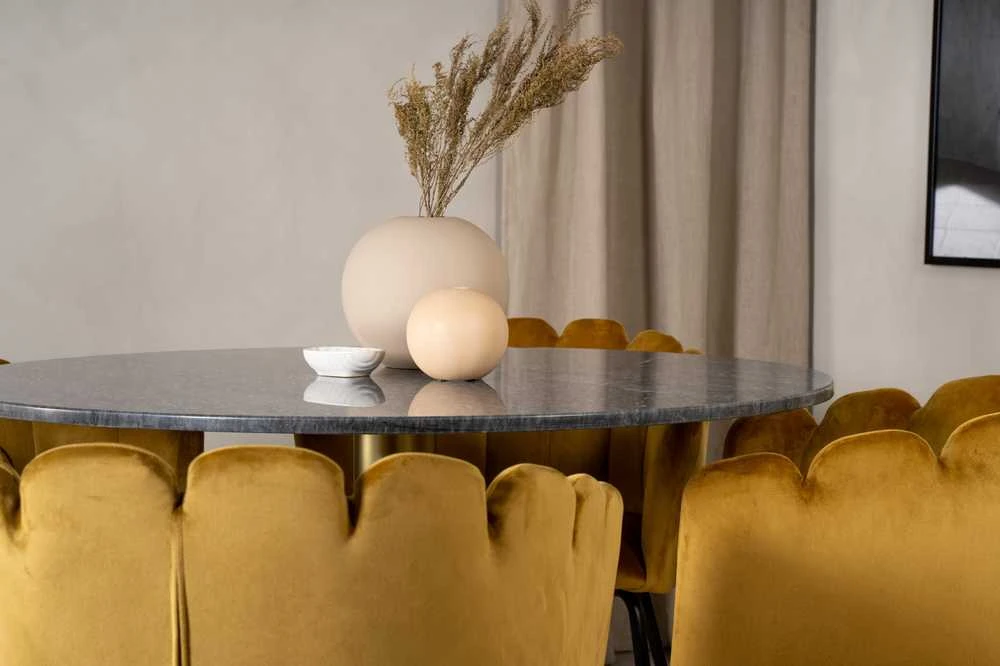 Venture Design Stalas, Estelle, ø106*A75 cm, Juoda; Kėdė, Limhamn, 54x76 cm, Aukso spalvos