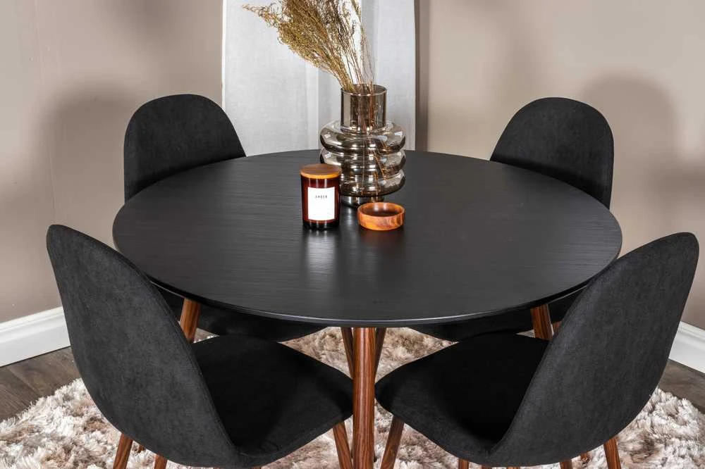 Venture Design Valgomasis komplektas, Plaza apvalus stalas su Polar kėdėmis, ⌀100 cm ir 53x87x44 cm, Juoda ir Riešutmedis