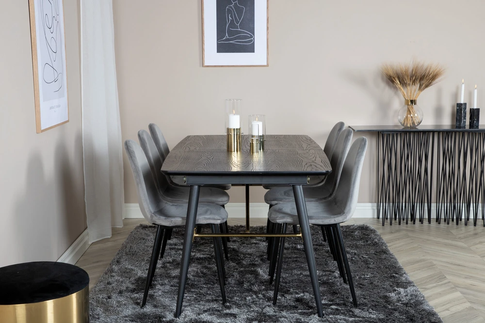 Venture Design Valgomasis stalas, auksinė ištempimo galimybė, 180x85 cm, juodas, Valgomasis kėdė, Polar, 88x42.5 cm, šviesiai pilka