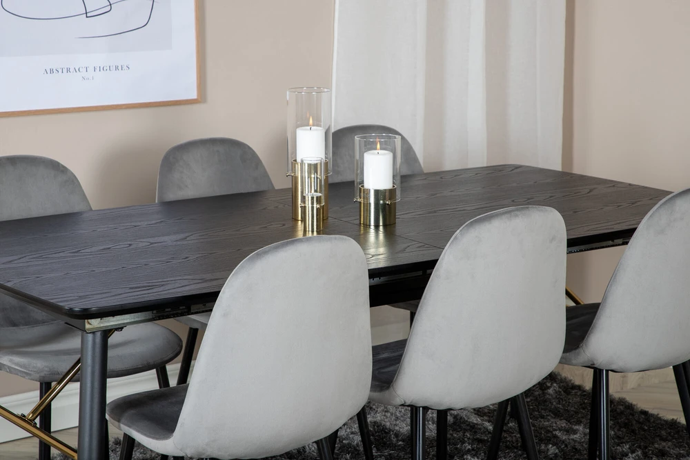 Venture Design Valgomasis stalas, auksinė ištempimo galimybė, 180x85 cm, juodas, Valgomasis kėdė, Polar, 88x42.5 cm, šviesiai pilka
