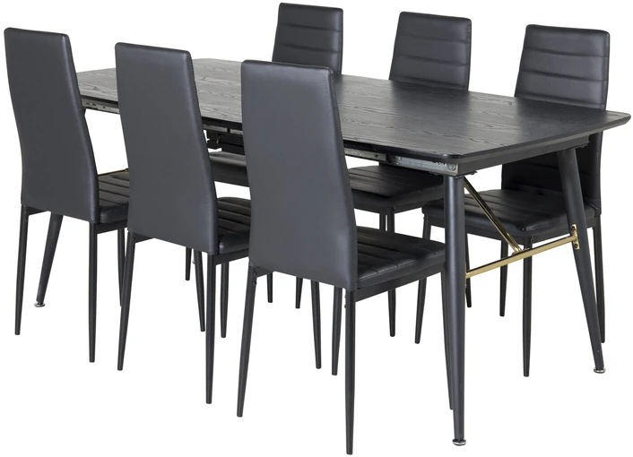 Venture Design Valgomasis stalas, auksinė ištrauka, 180x85 cm, juodas, Valgomasis kėdė, plonas aukštas atlošas, 98x42 cm, juoda
