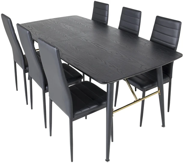 Venture Design Valgomasis stalas, auksinė ištrauka, 180x85 cm, juodas, Valgomasis kėdė, plonas aukštas atlošas, 98x42 cm, juoda
