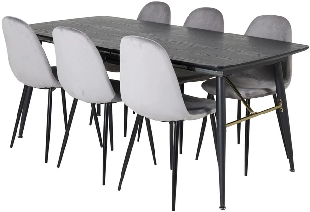 Venture Design Valgomasis stalas, auksinė ištempimo galimybė, 180x85 cm, juodas, Valgomasis kėdė, Polar, 88x42.5 cm, šviesiai pilka