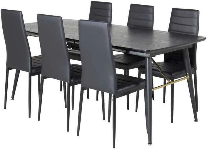 Venture Design Valgomasis stalas, auksinė ištrauka, 180x85 cm, juodas, Valgomasis kėdė, plonas aukštas atlošas, 98x42 cm, juoda