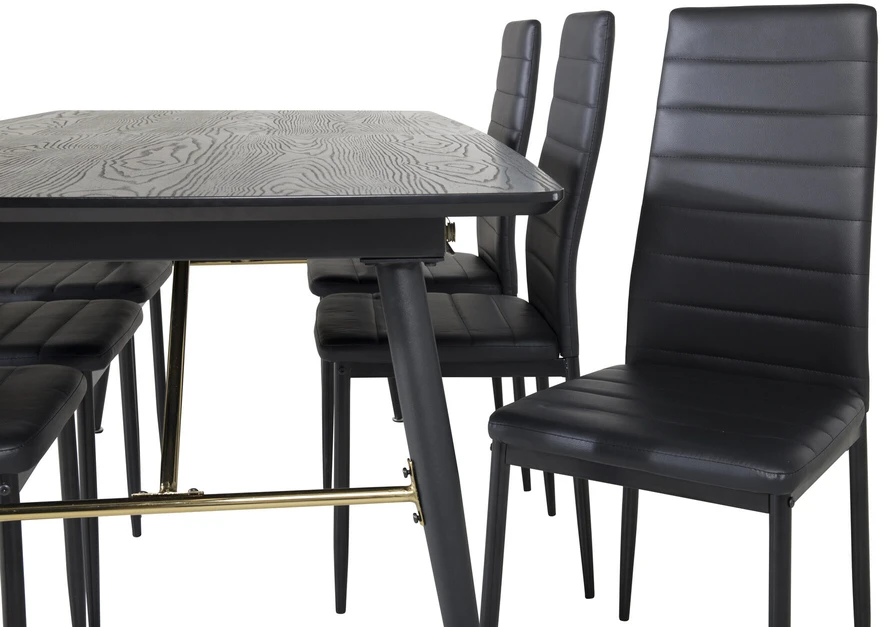 Venture Design Valgomasis stalas, auksinė ištrauka, 180x85 cm, juodas, Valgomasis kėdė, plonas aukštas atlošas, 98x42 cm, juoda