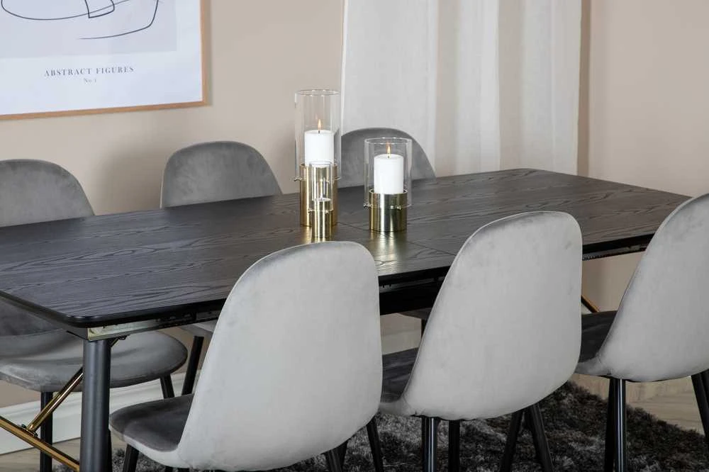 Venture Design Valgomasis stalas, auksinė ištempimo galimybė, 180x85 cm, juodas, Valgomasis kėdė, Polar, 88x42.5 cm, šviesiai pilka