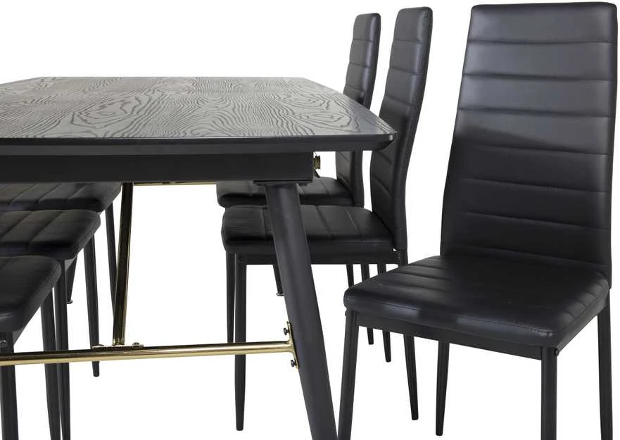 Venture Design Valgomasis stalas, auksinė ištrauka, 180x85 cm, juodas, Valgomasis kėdė, plonas aukštas atlošas, 98x42 cm, juoda