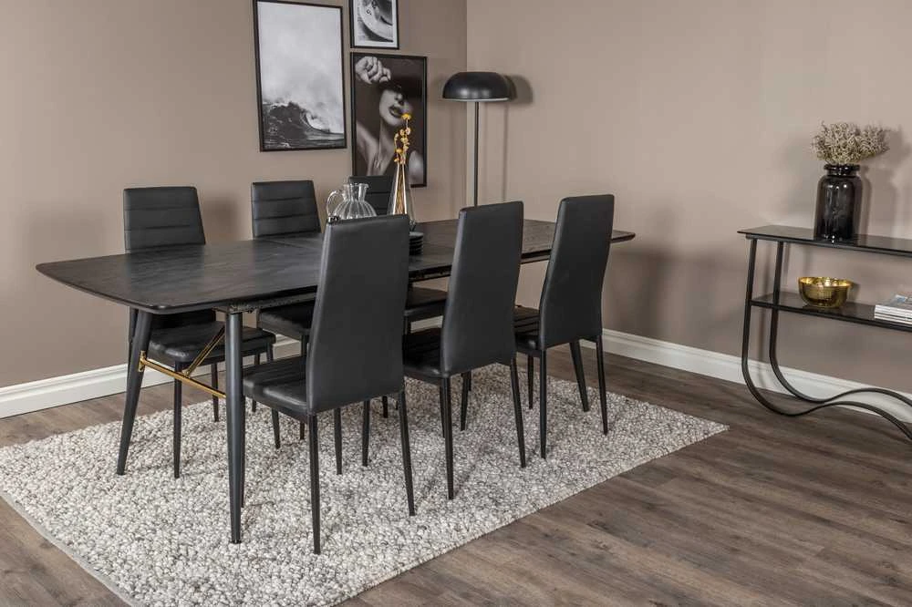 Venture Design Valgomasis stalas, auksinė ištrauka, 180x85 cm, juodas, Valgomasis kėdė, plonas aukštas atlošas, 98x42 cm, juoda