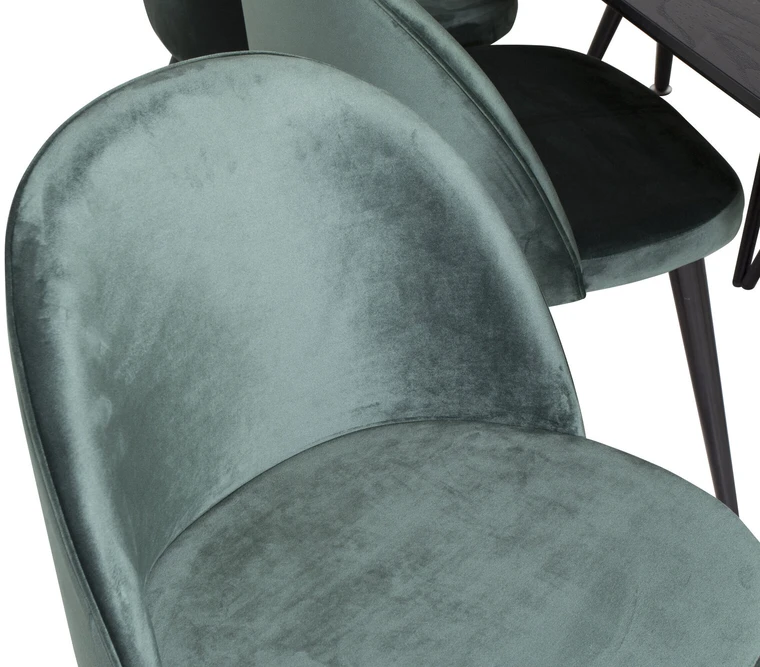 Venture Design Valgomasis stalas, auksinis pratęsimas, 180x85 cm, juodas + Valgomasis kėdė, aksomas, 76.5x50 cm, žalias