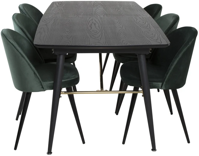 Venture Design Valgomasis stalas, auksinis pratęsimas, 180x85 cm, juodas + Valgomasis kėdė, aksomas, 76.5x50 cm, žalias