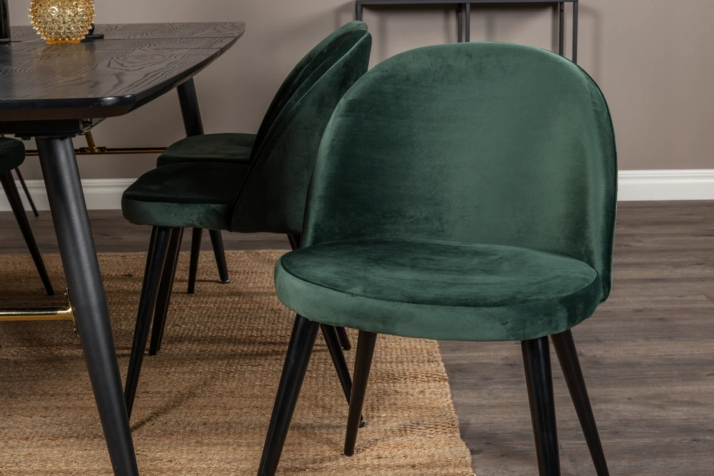 Venture Design Valgomasis stalas, auksinis pratęsimas, 180x85 cm, juodas + Valgomasis kėdė, aksomas, 76.5x50 cm, žalias