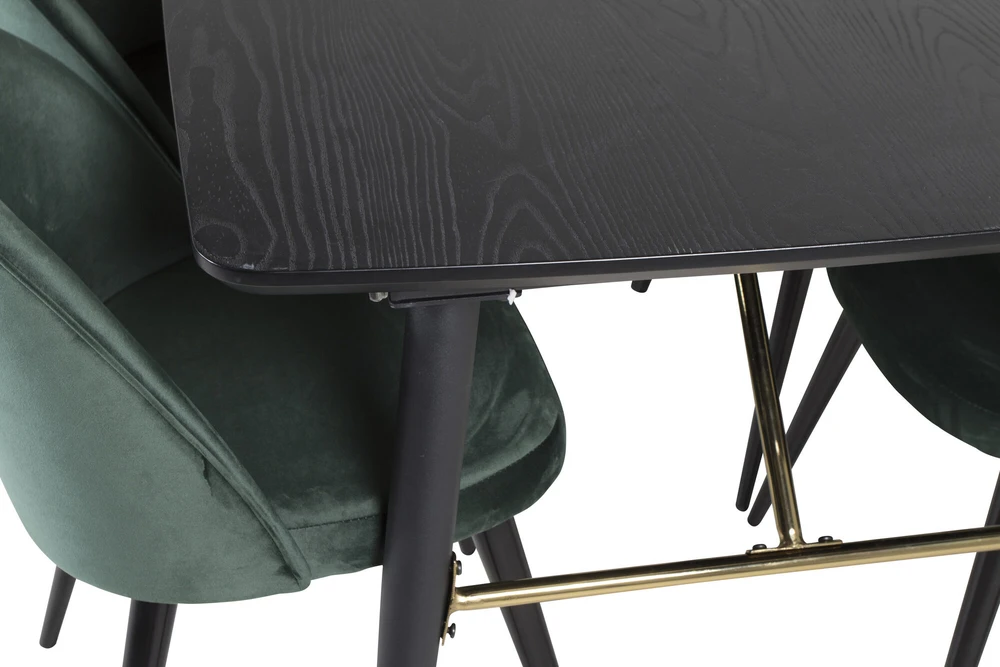 Venture Design Valgomasis stalas, auksinis pratęsimas, 180x85 cm, juodas + Valgomasis kėdė, aksomas, 76.5x50 cm, žalias