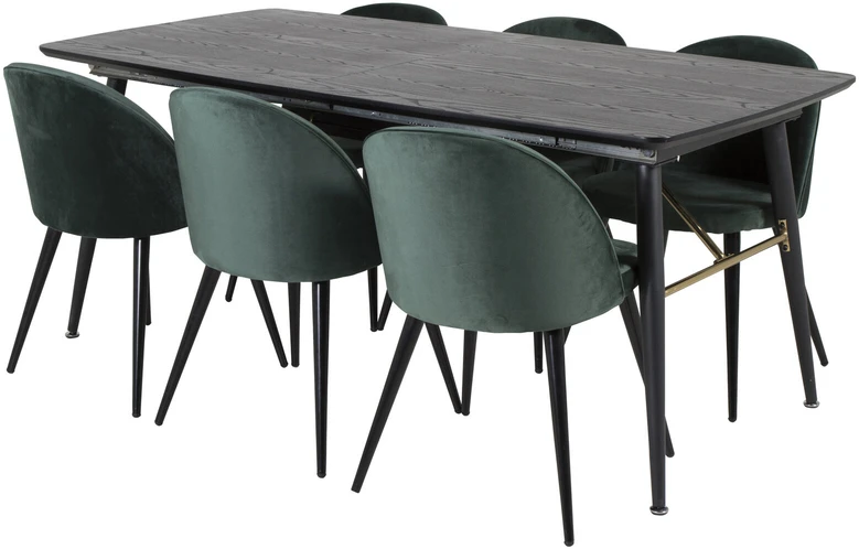 Venture Design Valgomasis stalas, auksinis pratęsimas, 180x85 cm, juodas + Valgomasis kėdė, aksomas, 76.5x50 cm, žalias