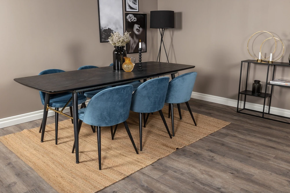 Venture Design Valgomasis stalas, aukso pratęsimas, 180x85 cm, juodas + Valgomasis kėdė, aksomas, 76.5x50 cm, mėlyna