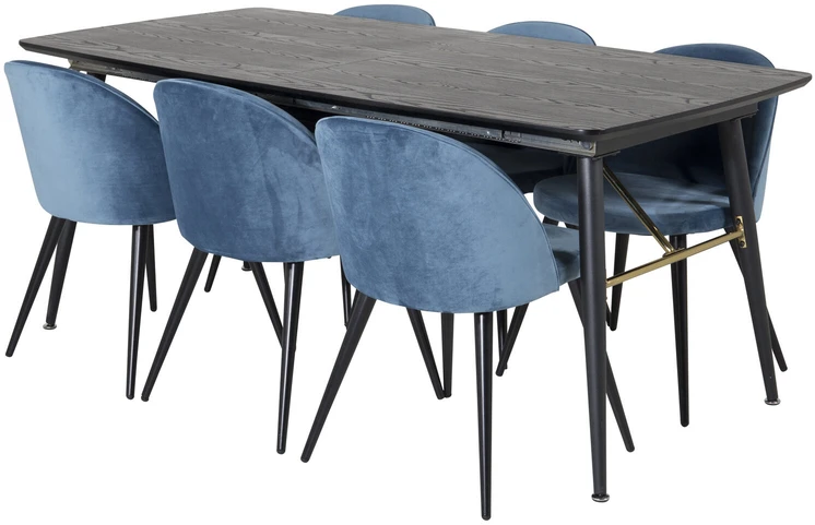 Venture Design Valgomasis stalas, aukso pratęsimas, 180x85 cm, juodas + Valgomasis kėdė, aksomas, 76.5x50 cm, mėlyna