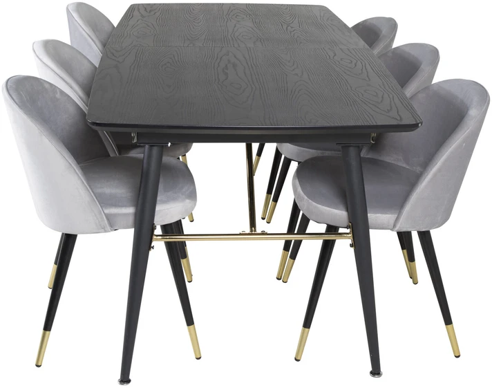 Venture Design Valgomasis stalas, aukso pratęsimas, 180x85x76 cm, juodas + Valgomasis kėdė, aksomas, 57x76.5x50 cm, šviesiai pilka