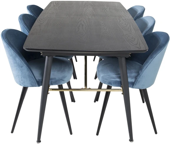Venture Design Valgomasis stalas, aukso pratęsimas, 180x85 cm, juodas + Valgomasis kėdė, aksomas, 76.5x50 cm, mėlyna