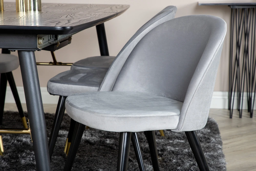 Venture Design Valgomasis stalas, aukso pratęsimas, 180x85x76 cm, juodas + Valgomasis kėdė, aksomas, 57x76.5x50 cm, šviesiai pilka
