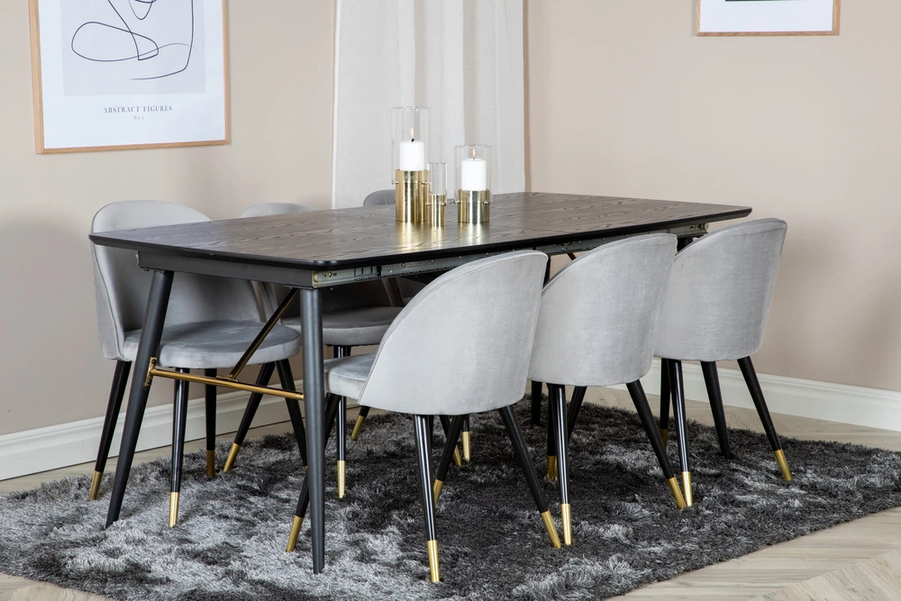 Venture Design Valgomasis stalas, aukso pratęsimas, 180x85x76 cm, juodas + Valgomasis kėdė, aksomas, 57x76.5x50 cm, šviesiai pilka