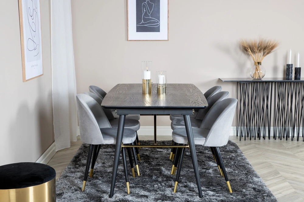 Venture Design Valgomasis stalas, aukso pratęsimas, 180x85x76 cm, juodas + Valgomasis kėdė, aksomas, 57x76.5x50 cm, šviesiai pilka