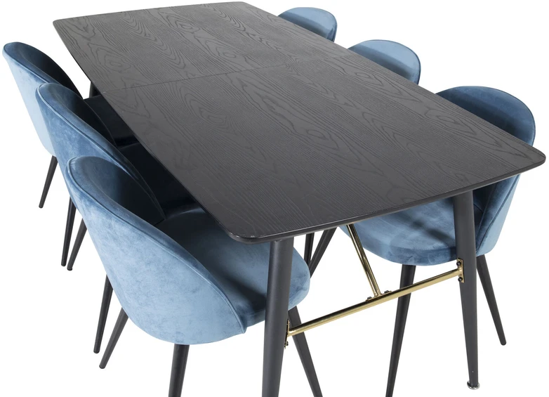 Venture Design Valgomasis stalas, aukso pratęsimas, 180x85 cm, juodas + Valgomasis kėdė, aksomas, 76.5x50 cm, mėlyna