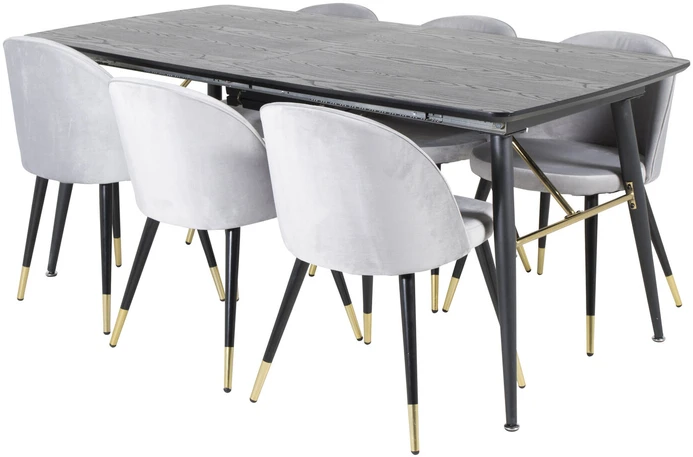Venture Design Valgomasis stalas, aukso pratęsimas, 180x85x76 cm, juodas + Valgomasis kėdė, aksomas, 57x76.5x50 cm, šviesiai pilka