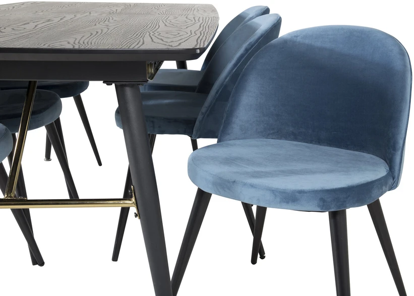 Venture Design Valgomasis stalas, aukso pratęsimas, 180x85 cm, juodas + Valgomasis kėdė, aksomas, 76.5x50 cm, mėlyna