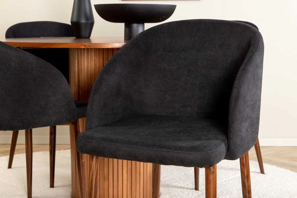 Venture Design Valgomasis stalas, Bianca, ⌀110 cm, Riešutas/Juoda furniruota + Valgomasis kėdė, Arch, 55x83x48.5 cm, Riešutas/Juoda