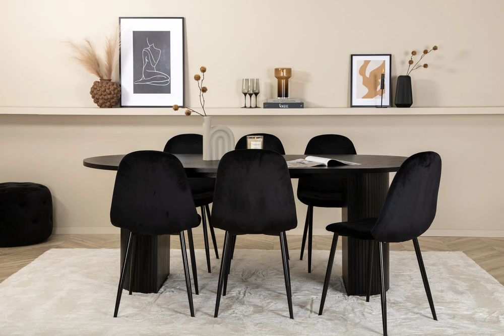 Venture Design Valgomasis stalas, Bianca ovalus, 200x90 cm, juodas, Valgomasis kėdė, Polar, 88x42.5 cm, juoda